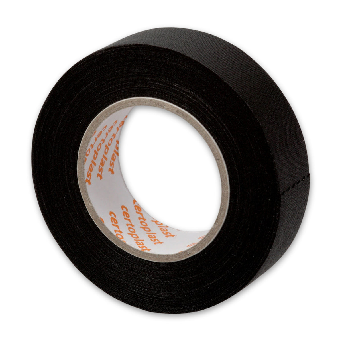 Schwarze Rolle Gewebeklebeband mit sichtbarer Gewebestruktur auf Pappkern, 19 mm breit