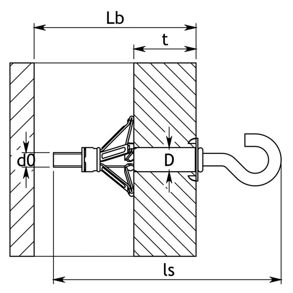 Metallhohlraumdübel mit Haken, Stahl verzinkt, M6 × 68: Produktansicht