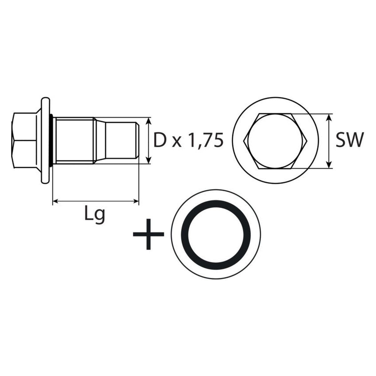 Kfz-Ölablassschraube M12 × 1,75 × 25 mit Dichtring, Stahl verzinkt: Produktansicht