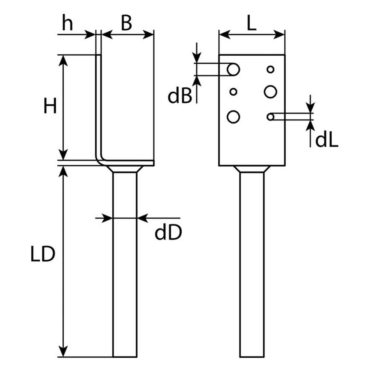 Stützenschuh L-Form mit Dolle, feuerverzinkt, 50 × 80 × 40 × 4 mm: Produktansicht