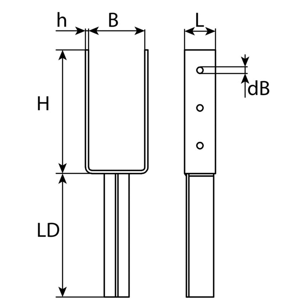 Stützenschuh U-Form mit T-Steindolle, Stahl verzinkt, 50 × 200 mm: Produktansicht