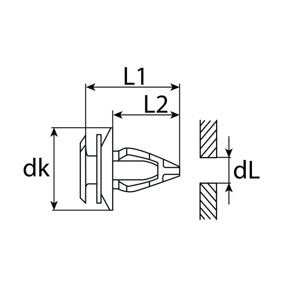 Kfz-Innenverkleidungsclip farblos, dk 18 mm, L 21 mm, Bohrung 8 mm: Produktansicht