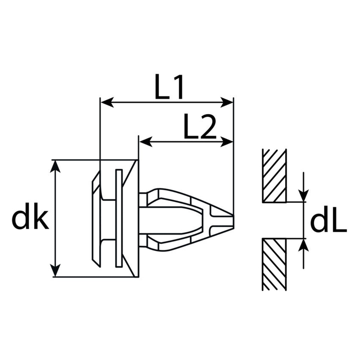 Kfz-Innenverkleidungsclip farblos, dk 18 mm, L 21 mm, Bohrung 8 mm: Produktansicht
