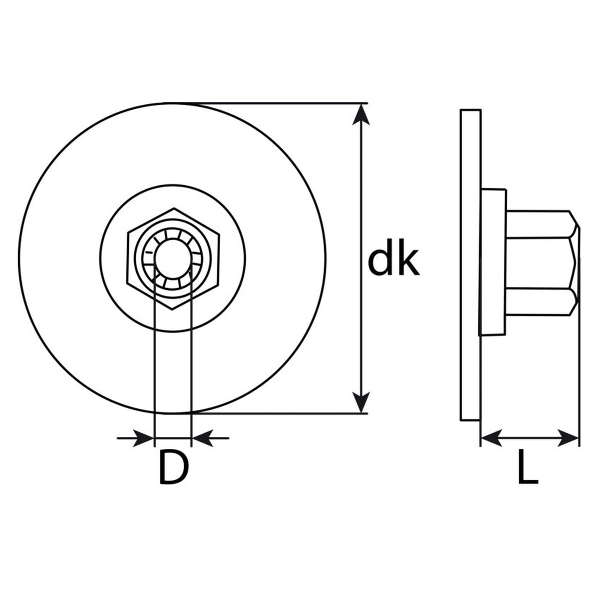 Kfz-Kunststoffmutter schwarz, dk 30 mm, L 15,7 mm: Produktansicht