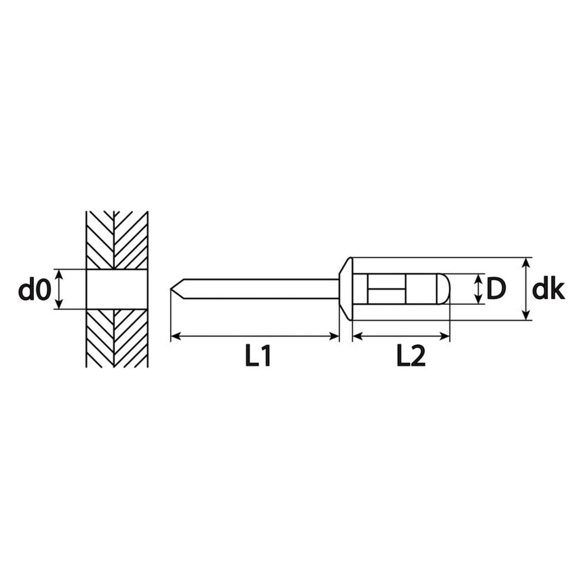 Kfz-Blindniet, Stahl, dk 15,4 mm, Hülse 6 × 21,3 mm: Produktansicht