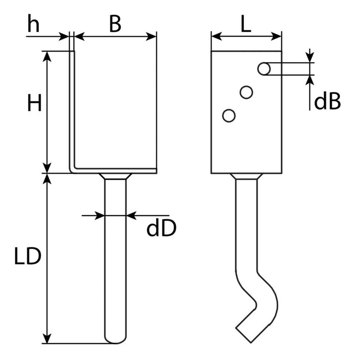 Stützenschuh L-Form mit gekröpfter Dolle, feuerverzinkt, 60 × 100 mm: Produktansicht