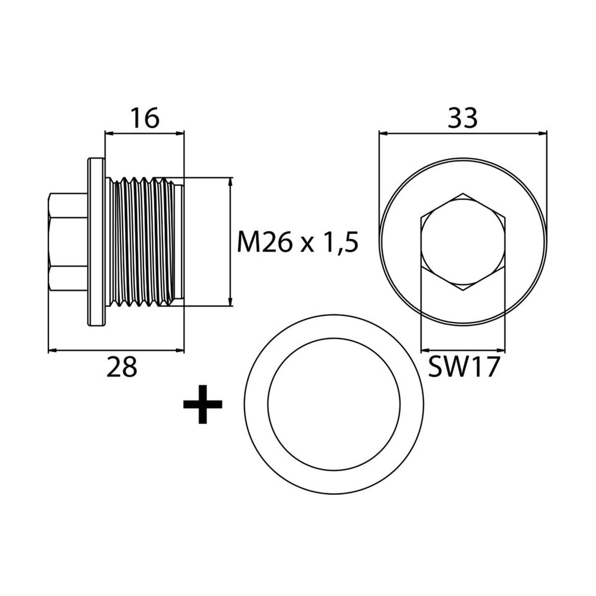 Kfz-Ölablassschraube M26 × 1,5 × 16 mit Dichtring, Stahl verzinkt: Produktansicht