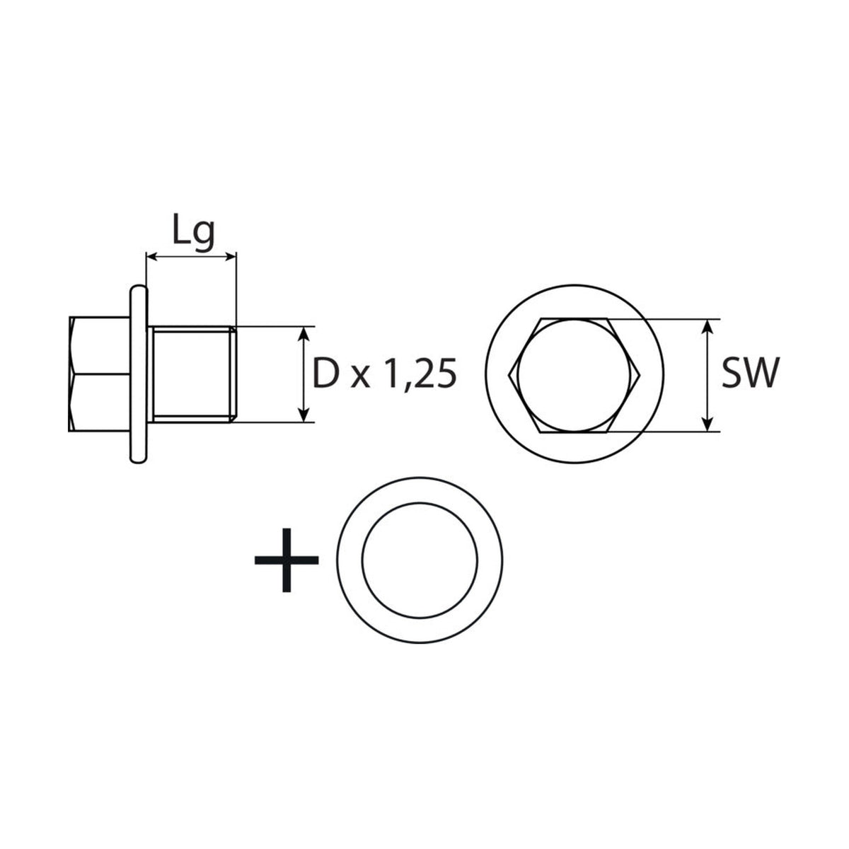 Kfz-Ölablassschraube M12 × 1,25 × 11 mit Dichtring, Stahl verzinkt: Produktansicht