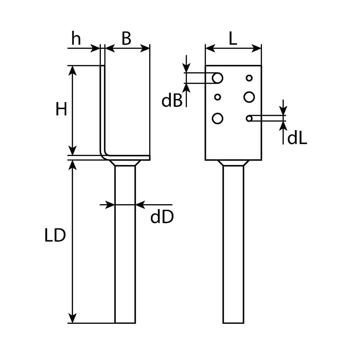 Stützenschuh L-Form mit Dolle, feuerverzinkt, 50 × 80 × 40 × 4 mm: Produktansicht