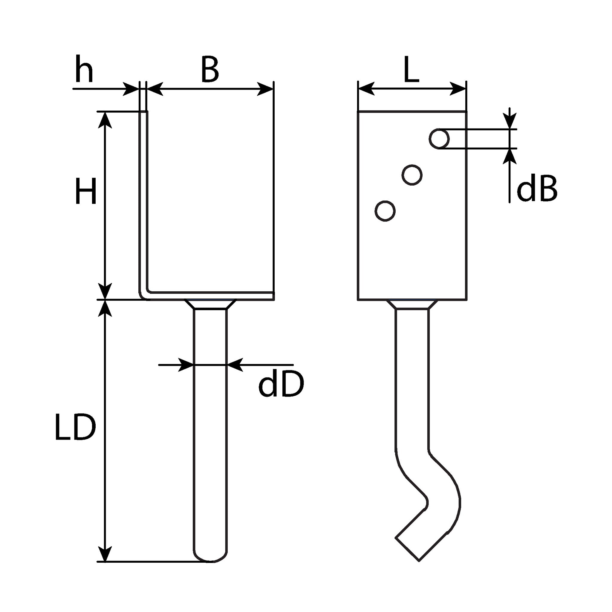 Stützenschuh L-Form mit gekröpfter Dolle, feuerverzinkt, 60 × 100 mm: Produktansicht