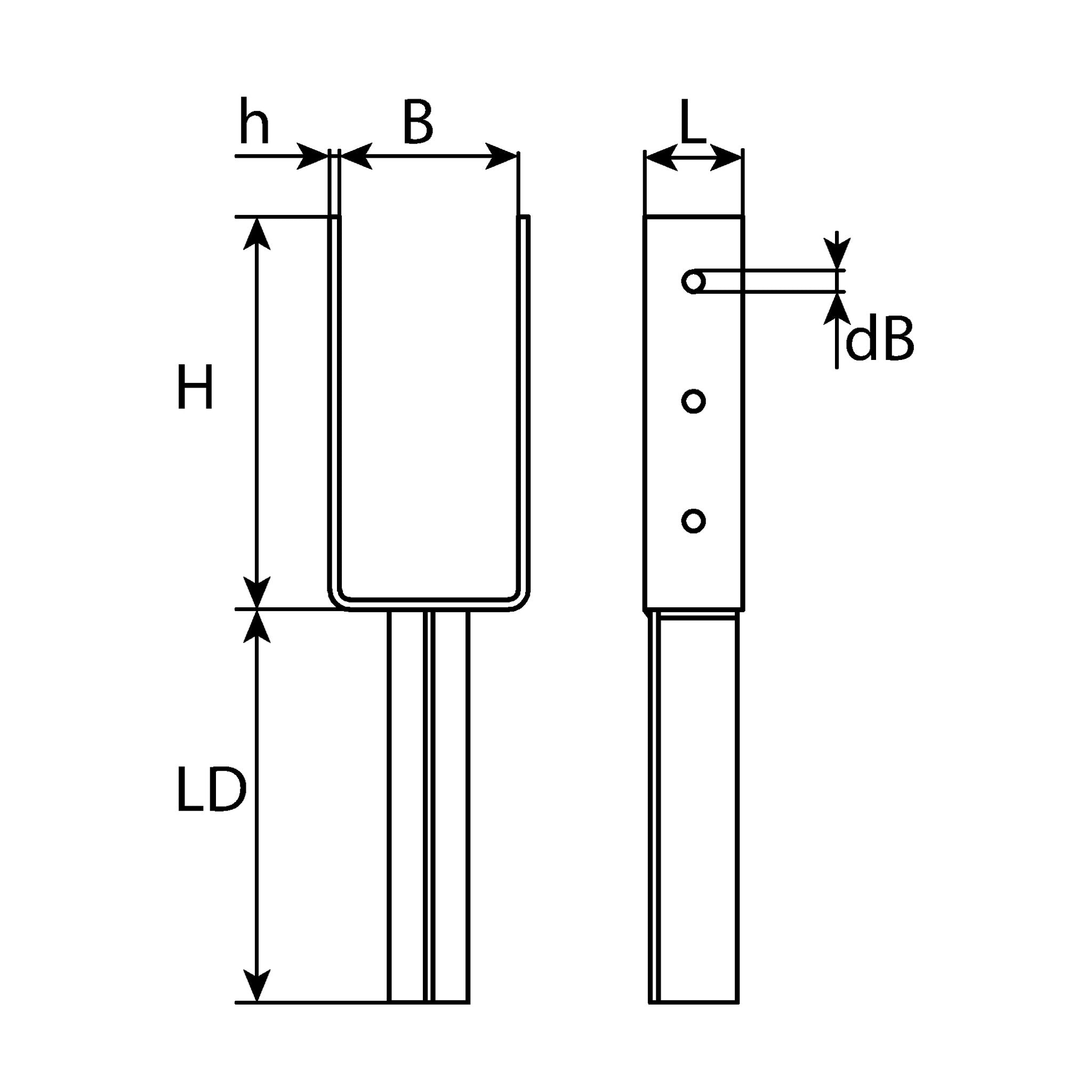 Stützenschuh U-Form mit T-Steindolle, Stahl verzinkt, 50 × 200 mm: Produktansicht